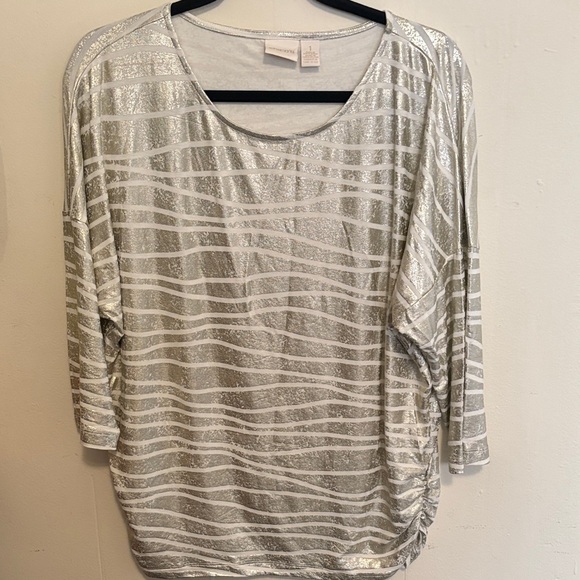 Chico's Tops - Chico's Silver and White Striped Scoop-Neck Tunic